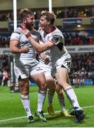 15 September 2017; John Andrew of Ulster celebtates after scoring his side's second try with teammate Andrew Trimble, right, during the Guinness PRO14 Round 3 match between Ulster and Scarlets at the Kingspan Stadium in Belfast. Photo by Oliver McVeigh/Sportsfile