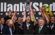 16 September 2017; Dundalk captain Chris Shields lifts the cup following the EA Sports Cup Final between Shamrock Rovers and Dundalk at Tallaght Stadium in Dublin. Photo by Stephen McCarthy/Sportsfile