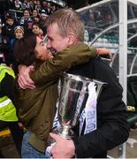 16 September 2017; Dundalk manager Stephen Kenny celebrates his side's victory with his daughter Caoimhe following the EA Sports Cup Final between Shamrock Rovers and Dundalk at Tallaght Stadium in Dublin. Photo by Stephen McCarthy/Sportsfile
