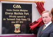 24 June 2012; An Taoiseach Enda Kenny T.D. unveils a plaque at the official opening of the redeveloped McHale Park. Connacht GAA Football Senior Championship Semi-Final, Mayo v Leitrim, McHale Park, Castlebar, Co. Mayo. Photo by Sportsfile