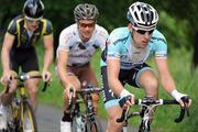 24 June 2012; Matt Brammeier, Omega Pharma-Quick Step, leads Nicolas Roche, AG2R La Mondiale, centre, and Martyn Irvine, RTS Racing, during the Elite Men's Road Race National Championships. Clonmel, Co. Tipperary. Picture credit: Stephen McMahon / SPORTSFILE