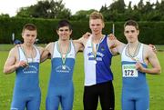 24 June 2012; Gold medal winners, from left, Patrick Heffernan, Dean Power, Eoin Delaney and Sean Donegan from Tullamore Harriers A.C., Co. Offaly, after the 4x100m Junior Men's Relay at the Woodie's DIY Junior and U23 Track and Field Championships of Ireland, Tullamore Harriers A.C., Tullamore, Co. Offaly. Picture credit: Matt Browne / SPORTSFILE