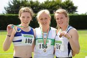 24 June 2012; Gold medal winner Sarah Lavin, centre, Emerald A.C., Co. Limerick, with secoond place Clare Murphy, left, from St. Laurance O'Toole A.C., Co. Carlow, and third place Orla Furney, Gorey A.C., Co Wexford, after the Junior Women's 100m hurdles at the Woodie's DIY Junior and U23 Track and Field Championships of Ireland, Tullamore Harriers A.C., Tullamore, Co. Offaly. Picture credit: Matt Browne / SPORTSFILE