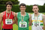 24 June 2012; Gold medal winner Thomas Barr, centre, from Ferrybank A.C., Co. Waterford, with second place Tim Crowe, left, from Dooneen A.C., Co. Limerick, and third place Paul Byrne, from St. Abbans A.C., Co. Laois, after the under-23 Men's 400m Hurdles at the Woodie's DIY Junior and U23 Track and Field Championships of Ireland, Tullamore Harriers A.C., Tullamore, Co. Offaly. Picture credit: Matt Browne / SPORTSFILE