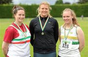 24 June 2012; Winner of the Under 23 Women's Shot Putt Clare Fitzgerald, centre, Tralee Harriers, Co. Kerry, with second place Alan Fratorolli, left, from Limerick A.C., Co. Limerick, and third place Shauna Daly, from St. Abbans A.C., Co Laois. Woodie's DIY Junior and U23 Track and Field Championships of Ireland, Tullamore Harriers A.C., Tullamore, Co. Offaly. Picture credit: Matt Browne / SPORTSFILE