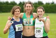 24 June 2012; Gold medal winner Gabrielle Coveney, centre, from Loughborough University, England, with second place Hannah Trehy, left, from Carrick-on-Suir A.C., Co. Tipperary, and third place Rachel Finnegan, from Craughwell A.C., Co. Galway, after the under 23 Women's 400m Hurdles at the Woodie's DIY Junior and U23 Track and Field Championships of Ireland, Tullamore Harriers A.C., Tullamore, Co. Offaly. Picture credit: Matt Browne / SPORTSFILE