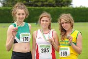 24 June 2012; Gold medal winner Philippa Rogan, centre, from Greystones A.C., Co. Wicklow, with second place Sorcha Murphy, left, from Ferrybank A.C., Co. Waterford, and third place Amy McTeggart, from Boyne A.C., Co. Meath, after the Junior Women's High Jump at the Woodie's DIY Junior and U23 Track and Field Championships of Ireland, Tullamore Harriers A.C., Tullamore, Co. Offaly. Picture credit: Matt Browne / SPORTSFILE