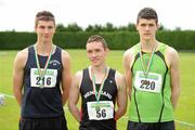 24 June 2012; Gold medal winner Tony Stafford, centre, from Menapians A.C., Co. Waterford, with second place Sam Healy, left, from Belgooly A.C.. Co. Cork, and third place Stephen Gaffney from Rathfarnam A.C., Co. Dublin, after the Junior Men's Long Jump at the Woodie's DIY Junior and U23 Track and Field Championships of Ireland, Tullamore Harriers A.C., Tullamore, Co. Offaly. Picture credit: Matt Browne / SPORTSFILE