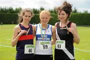 24 June 2012; Gold medal winner Kate Veale, centre, from West Waterford A.C., Co. Waterford, with second place Alicia Boylan, left, from Oriel A.C., Co. Monaghan, and third place Cliona Mulroy, from Swinford A.C., Co. Mayo, after the Junior Women's 3000m Walk at the Woodie's DIY Junior and U23 Track and Field Championships of Ireland, Tullamore Harriers A.C., Tullamore, Co. Offaly. Picture credit: Matt Browne / SPORTSFILE