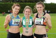 24 June 2012; Gold medal winner Niamh Whelan, centre, Ferrybank A.C., Co. Waterford, with second place Steffi Creaner, left, Dublin City Harriers A.C., and third place Leah Moore, Clonliffe Harriers A.C., Dublin, after the Under 23 Women's 100m at the Woodie's DIY Junior and U23 Track and Field Championships of Ireland, Tullamore Harriers A.C., Tullamore, Co. Offaly. Picture credit: Matt Browne / SPORTSFILE