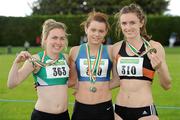 24 June 2012; Gold medal winner Steffi Creaner, centre, Dublin City Harriers A.C., with second place Niamh Whelan, left, Ferrybank A.C., Co. Waterford, and third place Leah Moore, Clonliffe Harriers A.C., Dublin, after the Under 23 Women's 200m at the Woodie's DIY Junior and U23 Track and Field Championships of Ireland, Tullamore Harriers A.C., Tullamore, Co. Offaly. Picture credit: Matt Browne / SPORTSFILE
