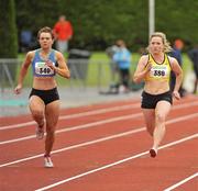 24 June 2012; Eventual second place finisher Steffi Creaner, left, Dublin City Harriers A.C., Dublin, and Joan Healy, right, Bandon A.C., Co. Cork, in action during the Women's Under 23 100m event. Woodie's DIY Junior and U23 Track and Field Championships of Ireland, Tullamore Harriers A.C., Tullamore, Co. Offaly. Picture credit: Tomás Greally / SPORTSFILE