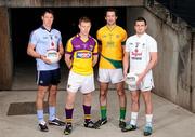 25 June 2012; Players, from left to right, Eamon Fennell, Dublin, Aindreas Doyle, Wexford, David Gallagher, Meath, and Aindriú Mac Lochlainn, Kildare, ahead of the Leinster GAA Football Championship Semi-Finals on Sunday 1st July. Croke Park, Dublin. Picture credit: David Maher / SPORTSFILE