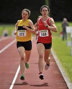 24 June 2012; Eventual winner Mary Ann O'Sullivan, left, Tinryland A.C., Co. Carlow, and eventual second place finisher Niamh Markham, right, Ennis Track A.C, Co. Clare, in action during the Junior Women's 800m event. Woodie's DIY Junior and U23 Track and Field Championships of Ireland, Tullamore Harriers A.C., Tullamore, Co. Offaly. Picture credit: Tomás Greally / SPORTSFILE