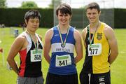 24 June 2012; Gold medal winner Ciaran Dolan, centre, from Finn Valey, Co. Donegal, with second place Richard Tsang, left, from Shercock A.C, Co. Cavan, and third place Michael Bowler from Kilkenny City Harriers A.C, Co Kilkenny, after the under-23 Men's Long Jump at the Woodie's DIY Junior and U23 Track and Field Championships of Ireland, Tullamore Harriers A.C., Tullamore, Co. Offaly. Picture credit: Matt Browne / SPORTSFILE