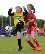 26 June 2012; Caoimhe Nic an Bhaird, Gaelscoil Ultain, Monaghan, in action against Claire Kelly, Monaleen NS, Limerick. An Post FAI Primary Schools 5-a-Side Girls “B” Section All-Ireland Finals, Gaelscoil Ultain, Monaghan, v Monaleen NS, Limerick, Athlone IT, Athlone, Co. Westmeath. Picture credit: Brian Lawless / SPORTSFILE