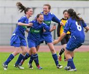 26 June 2012; Dearbhla Curran, Dunboyne Senior NS, Meath, left, celebrates with team-mates, from left, Margaret Leonard, Anna O'Dwyer, and Niamh Farrell, after scoring a goal. An Post FAI Primary Schools 5-a-Side Girls “B” Section All-Ireland Finals, Dunboyne Senior NS, Meath, v Gaelscoil Ultain, Monaghan, Athlone IT, Athlone, Co. Westmeath. Picture credit: Brian Lawless / SPORTSFILE