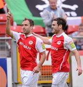 26 June 2012; St Patrick's Athletic's Sean O'Connor, left, celebrates after scoring his side's equalising goal with team-mate John Russell. EA Sports Cup Quarter-Final, St Patrick's Athletic v Shamrock Rovers, Richmond Park, Dublin. Picture credit: David Maher / SPORTSFILE