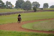 27 June 2012; Akeed Mofeed, with stable jockey Alex DeSilva, on the gallops at the curragh racecourse, at a Pre-Dubai Duty Free Irish Derby media morning. Curraghbeg Stables, The Curragh, Co. Kildare. Picture credit: David Maher / SPORTSFILEE