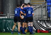 16 September 2017; Liam Turner of Leinster, centre, is congratulated by teammates, including Cormac Foley, left, and Ronan Watters after scoring his and Leinsters third try during the U19 Interprovincial Series match between Leinster and Connacht at Donnybrook Stadium in Donnybrook, Dublin. Photo by Sam Barnes/Sportsfile