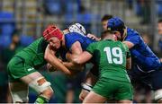 16 September 2017; Ryan Baird of Leinster is tackled by Niall Murray, left, and Jack Gallagher of Connacht during the U19 Interprovincial Series match between Leinster and Connacht at Donnybrook Stadium in Donnybrook, Dublin. Photo by Sam Barnes/Sportsfile
