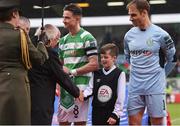 16 September 2017; EA Sports mascot is met by President of Ireland Michael D Higgins before the EA Sports Cup Final between Shamrock Rovers and Dundalk at Tallaght Stadium in Dublin. Photo by Stephen McCarthy/Sportsfile