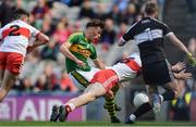 17 September 2017; David Clifford of Kerry scores his side's sixth goal despite the efforts of Derry's, from left, Oran McGill, Pádraig McGrogan and Oran Hartin during the Electric Ireland GAA Football All-Ireland Minor Championship Final match between Kerry and Derry at Croke Park in Dublin. Photo by Piaras Ó Mídheach/Sportsfile