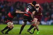 3 November 2017; Chris Farrell of Munster is tackled by James Sheekey of Dragons during the Guinness PRO14 Round 8 match between Munster and Dragons at Irish Independent Park in Cork. Photo by Eóin Noonan/Sportsfile