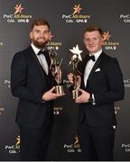 3 November 2017; Mayo footballer Aidan O'Shea, left, with his PwC All Star award and Galway hurler Joe Canning with his Hurler of the Year award during the PwC All Stars 2017 at the Convention Centre in Dublin. Photo by Seb Daly/Sportsfile