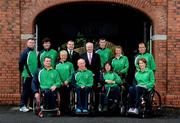 28 June 2012; Minister of State from the Department of Transport, Sport and Tourism Mr. Michael Ring T.D., and Liam Harbison, Paralympics Ireland CEO & Chef de Mission for the Irish Team, with members of the Irish Paralympic Team, standing, from left, Sean Baldwin, from Newbridge, Co. Kildare, Shooting, Darragh McDonald, from Gorey, Co. Wexford, Swimming, Eilish Byrne, from Drogheda, Co. Louth, Equestrian, Michael McKillop, from Newtownabbey, Co. Antrim, Athletics, Anne Marie McDaid, from Ramelton, Co. Donegal, Rowing, and Ian Costello, from Killorglin, Co. Kerry, Sailing, with, front row, from left, Roy Guerin, from Kilflynn, Co. Kerry, Powerlifting, Mark Rohan, from Ballinahown, Co. Westmeath, Roberta Connolly, from Dublin, Boccia, and Eimear Breathnach, from Ballinteer, Dublin, Table Tennis, at the official announcement of the 49 strong Irish Paralympic team set to compete at the London 2012 Paralympic Games from August 29th – September 9th. RDS, Ballsbridge, Dublin. Picture credit: Stephen McCarthy / SPORTSFILE