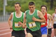 23 June 2012; Eventual third place finisher, Andrew Coscoran, right, St.Mary’s school, Drogheda, Co. Louth and Padraig Lennon, left, David's Secondary School, Greystones, Co. Wicklow, in action during the Boys 1500m Steeple Chase. AVIVA Tailteann Irish Schools' Interprovincial, Morton Stadium, Santry, Dublin. Picture credit: Tomás Greally / SPORTSFILE