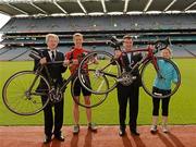 29 June 2012; Croke Park has become one of the first sports stadiums in the world to achieve certification in the recently released ISO 20121 Sustainable Event Management standard. Staff at the venue demonstrated their engagement recently getting involved in the Smarter Travel Workplace Cycle Challenge which ran over a three week period from 6-26 June this year, just one example of how sustainability initiatives are being promoted at the venue. Celebrating the success are Tracey Bunyan and Edward Brennan with Peter McKenna, Stadium & Commercial Director and Ard Stiúrthoir Paraic Duffy. Croke Park, Dublin. Picture credit: Ray McManus / SPORTSFILE