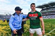 17 September 2017; Dublin manager Jim Gavin shakes hands with Lee Keegan of Mayo following the GAA Football All-Ireland Senior Championship Final match between Dublin and Mayo at Croke Park in Dublin. Photo by Ramsey Cardy/Sportsfile