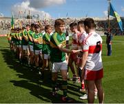 17 September 2017; Brian Friel of Kerry shakes hands with Simon McErlain of Derry prior to the Electric Ireland GAA Football All-Ireland Minor Championship Final match between Kerry and Derry at Croke Park in Dublin. Photo by Seb Daly/Sportsfile