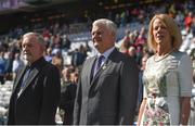 17 September 2017; Uachtarán Chumann Lúthchleas Gael Aogán Ó Fearghail, centre, with wife Frances, and Bishop of Cashel and Emly Kieran O'Reilly, patron of the GAA, prior to the Electric Ireland GAA Football All-Ireland Minor Championship Final match between Kerry and Derry at Croke Park in Dublin. Photo by Seb Daly/Sportsfile