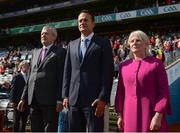 17 September 2017; An Taoiseach Leo Varadkar, T.D. centre, is welcomed to the field alongside Ard Stiúrthóir Paráic Duffy, left, and his wife Vera, prior to the Electric Ireland GAA Football All-Ireland Minor Championship Final match between Kerry and Derry at Croke Park in Dublin. Photo by Seb Daly/Sportsfile