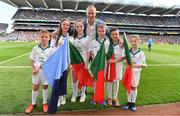 17 September 2017; eir flagbearers, from left, Senan Lupton, Molly McGlynn, Laura Haran, Robert O'Connell, Conor McCallig and Sarah McCluskey, with David Brady prior to the GAA Football All-Ireland Senior Championship Final match between Dublin and Mayo at Croke Park in Dublin. Photo by Brendan Moran/Sportsfile