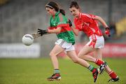 30 June 2012; Diane Tierney, Mayo, in action against Danielle O'Connor, Cork. All-Ireland U14 'A' Ladies Football Championship Final 2012, Cork v Mayo, St Brendan’s Park, Birr, Co. Offaly. Picture credit: David Maher / SPORTSFILE