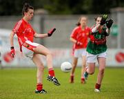 30 June 2012; Danielle O'Connor, Cork, in action against Claire Flatley, Mayo. All-Ireland U14 'A' Ladies Football Championship Final 2012, Cork v Mayo, St Brendan’s Park, Birr, Co. Offaly. Picture credit: David Maher / SPORTSFILE