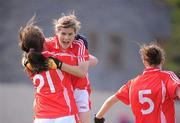 30 June 2012; Lorraine O'Neill, centre, Cork, celebrates with Sarah Hayes, left, and Aideen Lynch at the end of the game. All-Ireland U14 'A' Ladies Football Championship Final 2012, Cork v Mayo, St Brendan’s Park, Birr, Co. Offaly. Picture credit: David Maher / SPORTSFILE