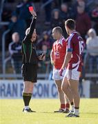 30 June 2012; Darren Clarke, Louth, is shown the red card by referee Derek Fahy. GAA Football All-Ireland Senior Championship Qualifier Round 1, Westmeath v Louth, Cusack Park, Mullingar, Co. Westmeath. Picture credit: David Maher / SPORTSFILE