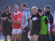 30 June 2012; Darren Clarke, Louth, confronts referee Derek Fahy, after he hac been sent off in the first half. GAA Football All-Ireland Senior Championship Qualifier Round 1, Westmeath v Louth, Cusack Park, Mullingar, Co. Westmeath. Picture credit: David Maher / SPORTSFILE