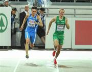 30 June 2012; Ireland's Paul Hession, right, crosses into the lane of Diego Marani, Italy, in the Men's 200m final, where he finished in 8th place in a time of 21.27sec. European Athletics Championship, Day 4, Olympic Stadium, Helsinki, Finland. Picture credit: Brendan Moran / SPORTSFILE