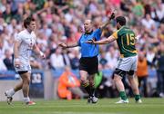 1 July 2012; Referee Michael Collins signals the end of the first half as Meath's Cian Ward remonstrates with him as he blew his whistle when a Meath player had tried to kick a point from play. Also pictured is Emmet Bolton, Kildare. Leinster GAA Football Senior Championship Semi-Final, Meath v Kildare, Croke Park, Dublin. Picture credit: David Maher / SPORTSFILE