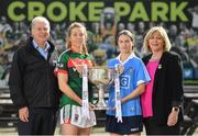 19 September 2017; The LGFA joined TG4 to call on all Proper Fans to come to Croke Park on Sunday for the TG4 The TG4 Ladies All Ireland Football Finals. Tickets are available now on www.tickets.ie or from usual GAA outlets. The action will begin at 11:45pm when Derry and Fermanagh contest the TG4 Junior All Ireland Final, this will be followed by the meeting of Tipperary and Tyrone at 1:45pm and then Dublin and Mayo will contest the TG4 Senior Championship Final at 4:00pm with the Brendan Martin Cup at stake. Pictured at the media day are, from left, Alan Esslemont, Director General, TG4, Mayo's Sarah Tierney, Dublin's Sinead Aherne, President of the Ladies Gaelic Football Association Maire Hickey. Photo by Ramsey Cardy/Sportsfile