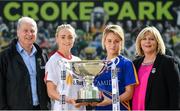 19 September 2017; The LGFA joined TG4 to call on all Proper Fans to come to Croke Park on Sunday for the TG4 The TG4 Ladies All Ireland Football Finals. Tickets are available now on www.tickets.ie or from usual GAA outlets. The action will begin at 11:45pm when Derry and Fermanagh contest the TG4 Junior All Ireland Final, this will be followed by the meeting of Tipperary and Tyrone at 1:45pm and then Dublin and Mayo will contest the TG4 Senior Championship Final at 4:00pm with the Brendan Martin Cup at stake. Pictured at the media day are Tyrone's Neamh Woods and Tipperary's Samantha Lambert with Alan Esslemont, Director General, TG4 and President of the Ladies Gaelic Football Association Maire Hickey. Photo by Ramsey Cardy/Sportsfile