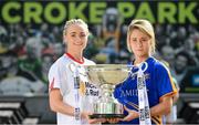 19 September 2017; The LGFA joined TG4 to call on all Proper Fans to come to Croke Park on Sunday for the TG4 The TG4 Ladies All Ireland Football Finals. Tickets are available now on www.tickets.ie or from usual GAA outlets. The action will begin at 11:45pm when Derry and Fermanagh contest the TG4 Junior All Ireland Final, this will be followed by the meeting of Tipperary and Tyrone at 1:45pm and then Dublin and Mayo will contest the TG4 Senior Championship Final at 4:00pm with the Brendan Martin Cup at stake. Pictured at the media day are Tyrone's Neamh Woods and Tipperary's Samantha Lambert. Photo by Ramsey Cardy/Sportsfile