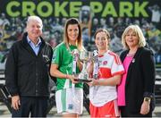 19 September 2017; The LGFA joined TG4 to call on all Proper Fans to come to Croke Park on Sunday for the TG4 The TG4 Ladies All Ireland Football Finals. Tickets are available now on www.tickets.ie or from usual GAA outlets. The action will begin at 11:45pm when Derry and Fermanagh contest the TG4 Junior All Ireland Final, this will be followed by the meeting of Tipperary and Tyrone at 1:45pm and then Dublin and Mayo will contest the TG4 Senior Championship Final at 4:00pm with the Brendan Martin Cup at stake. Pictured at the media day are Fermanagh's Áine McGovern and Derry's Cáit Glass with Alan Esslemont, Director General, TG4 and President of the Ladies Gaelic Football Association Maire Hickey. Photo by Ramsey Cardy/Sportsfile