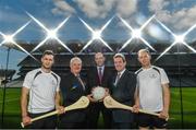 19 September 2017; PwC's sponsorship of the PwC All-Stars was celebrated with an event at Croke Park. The new partnership with the GAA and GPA was officially confirmed last Friday. Uachtarán Chumann Lúthcleas Gael Aogán Ó Fearghail, GPA Chief Executive Dermot Earley and Feargal O'Rourke, Managing Partner, PwC were joined by Galway's All Ireland winning hurling captain David Burke, Waterford hurling captain Kevin Moran and Kerry footballer Paul Geaney at the event. Pictured are, from left, David Burke of Galway, Uachtarán Chumann Lúthchleas Gael Aogán Ó Fearghai, Dermot Earley, GPA Chief Executive, Feargal O'Rourke, Managing Partner, PwC and Kevin Moran of Waterford, during the PwC All-Stars hurling nominations at Croke Park in Dublin. Photo by Brendan Moran/Sportsfile