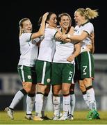 19 September 2017; Republic of Ireland players, from left, Harriet Scott, Megan Campbell, Niamh Fahey and Diane Caldwell celebrate their first goal during the 2019 FIFA Women's World Cup Qualifier Group 3 match between Northern Ireland and Republic of Ireland at Mourneview Park in Lurgan, Co Armagh. Photo by Stephen McCarthy/Sportsfile